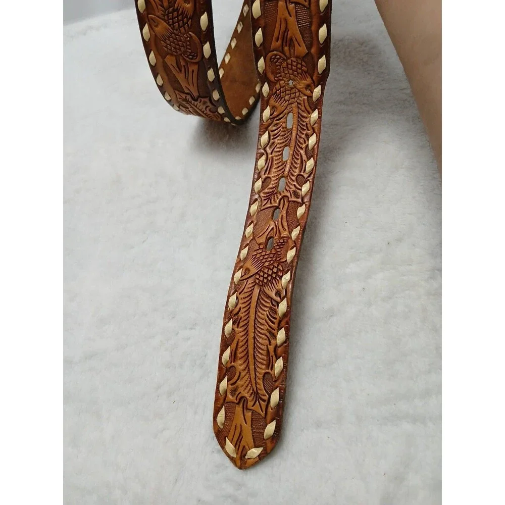 ​Vintage‎ Hand Tooled Brown Leather Belt Floral PAUL Embossed Weave Edge Size 34